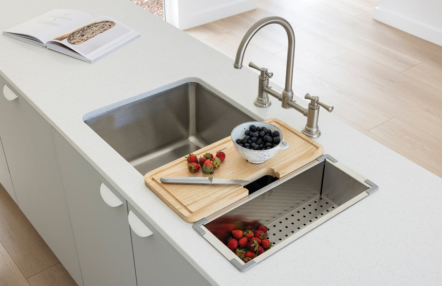 Phoenix Stainless Steel Colander Stainless Steel, shown in a finished interior