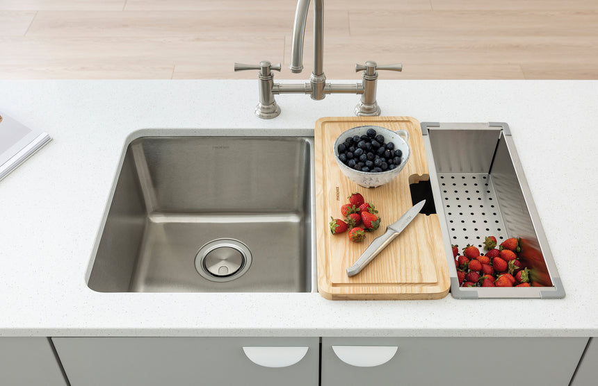 Phoenix 2000 Series Double Bowl Under / Over Sink Stainless Steel, shown in a finished interior