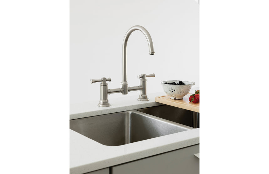 Phoenix Cromford Exposed Sink Set Brushed Nickel, shown in a finished interior