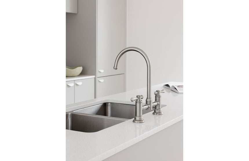 Phoenix Cromford Exposed Sink Set Brushed Nickel, shown in a finished interior