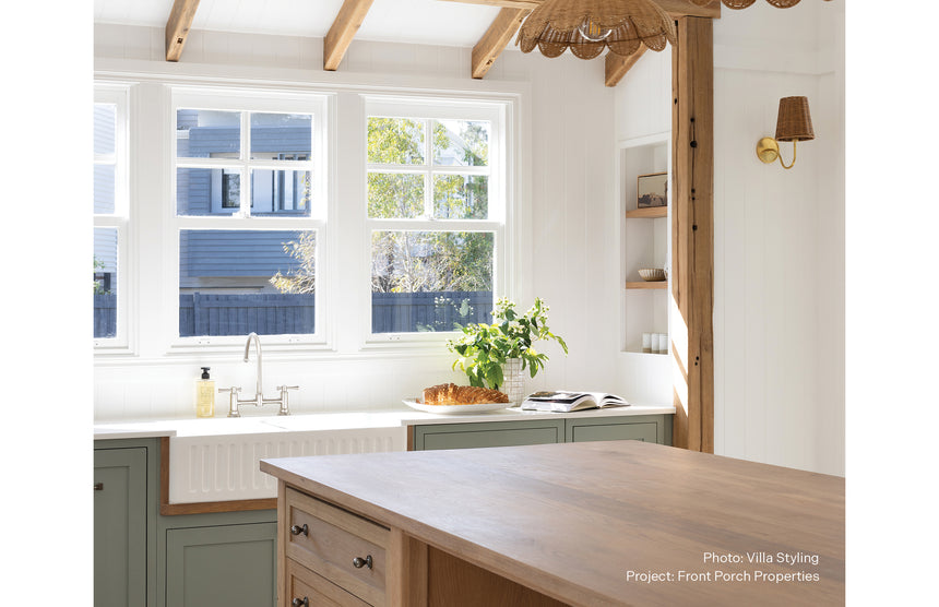Phoenix Cromford Exposed Sink Set Brushed Nickel, shown in a finished interior