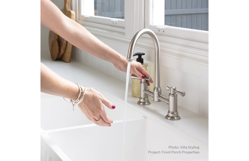 Phoenix Cromford Exposed Sink Set Brushed Nickel, shown in a finished interior