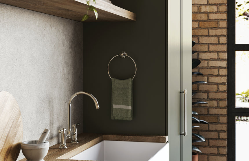 Phoenix Cromford Exposed Sink Set Brushed Nickel, shown in a finished interior