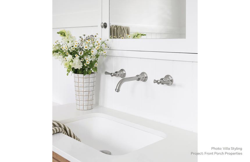 Phoenix Cromford Wall Basin / Bath Tap Set Brushed Nickel, shown in a finished interior