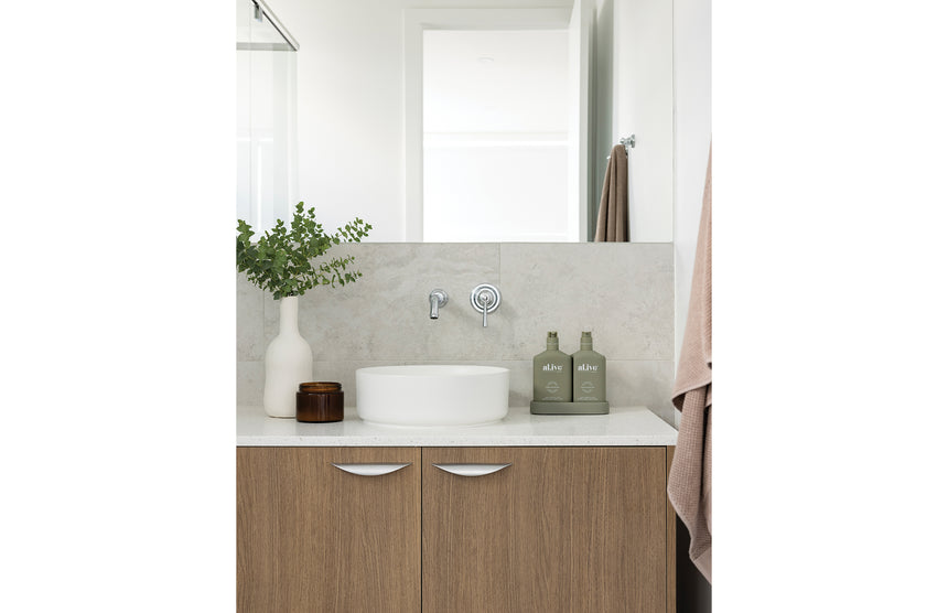 Phoenix Cromford SwitchMix Wall Basin / Bath Mixer Set Fit-Off Kit Chrome, shown in a finished interior