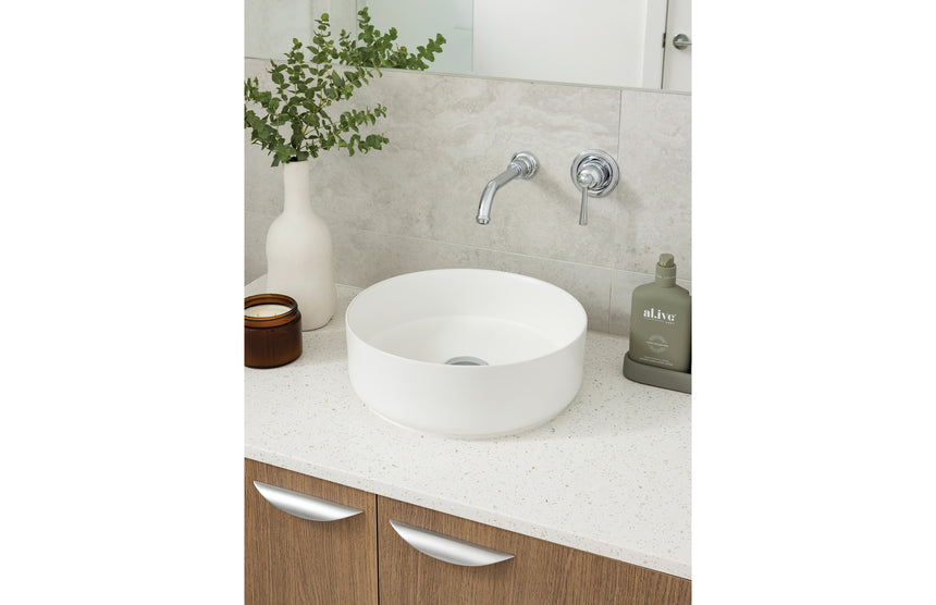Phoenix Cromford SwitchMix Wall Basin / Bath Mixer Set Fit-Off Kit Chrome, shown in a finished interior