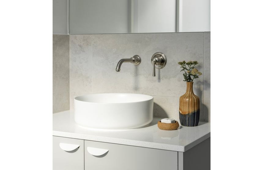 Phoenix Cromford SwitchMix Wall Basin / Bath Mixer Set Fit-Off Kit Brushed Nickel, shown in a finished interior
