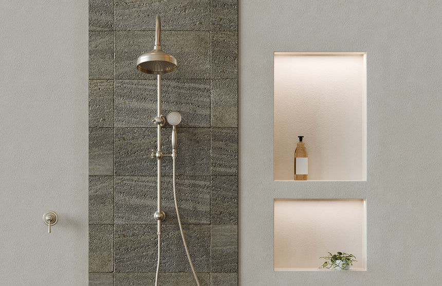 Phoenix Cromford Twin Shower 210mm Rose Brushed Nickel, shown in a finished interior