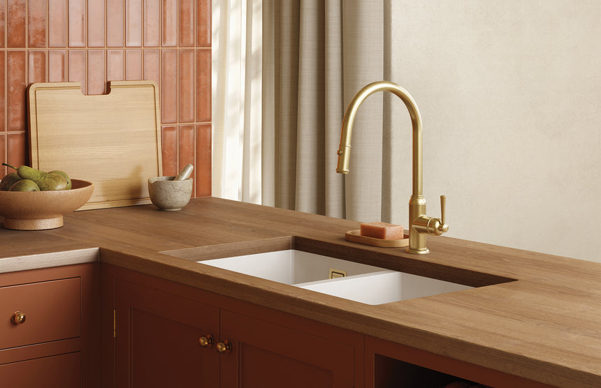 Phoenix 5000 Series Double Bowl Under / Over Sink Matte White, shown in a finished interior