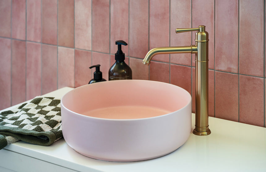 Phoenix Cromford Vessel Mixer Brushed Gold, shown in a finished interior