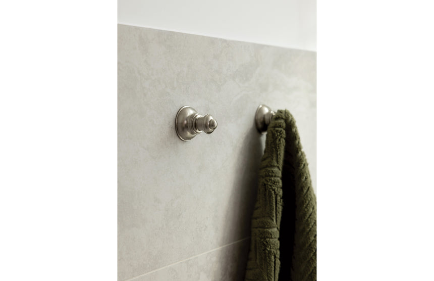 Phoenix Cromford Robe Hook Brushed Nickel, shown in a finished interior