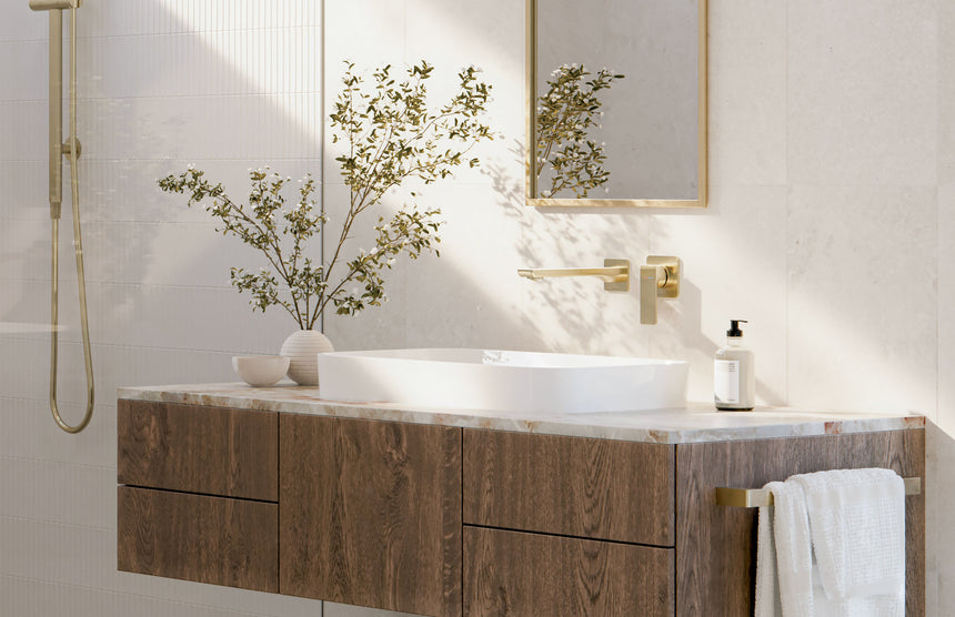 Phoenix Gloss MKII SwitchMix Shower / Wall Mixer Brushed Gold, shown in a finished interior
