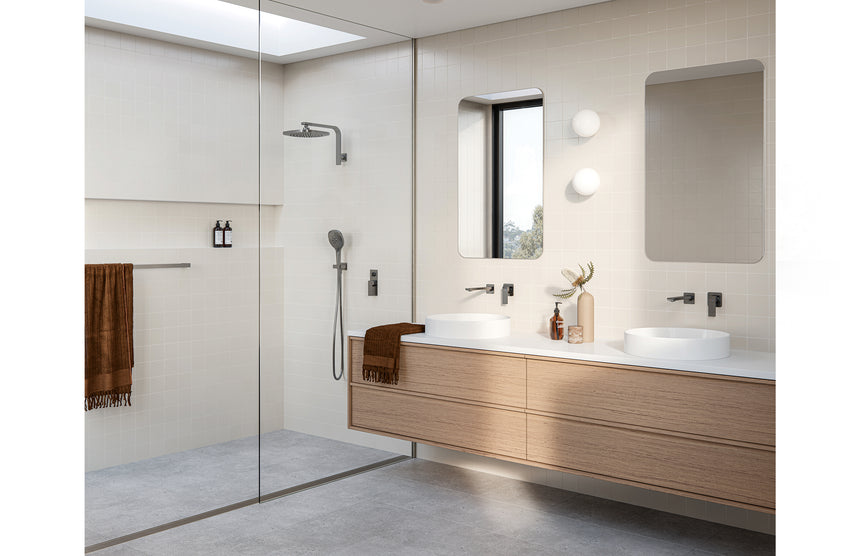 Phoenix Gloss MKII SwitchMix Shower / Bath Diverter Mixer Fit-Off Kit Brushed Carbon, shown in a finished interior