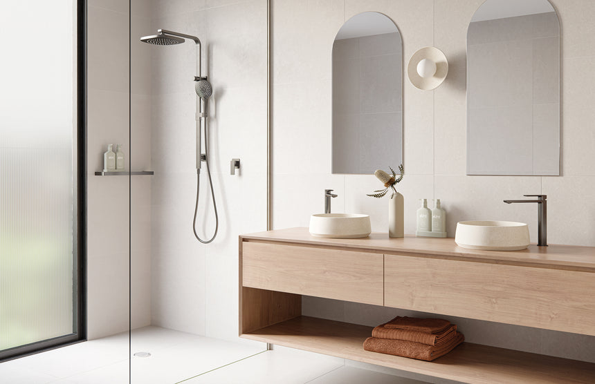 Phoenix Nuage Twin Shower Brushed Carbon, shown in a finished interior