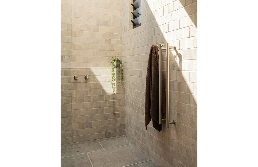 Phoenix Vertical Rail Hook Round Brushed Nickel, shown in a finished interior