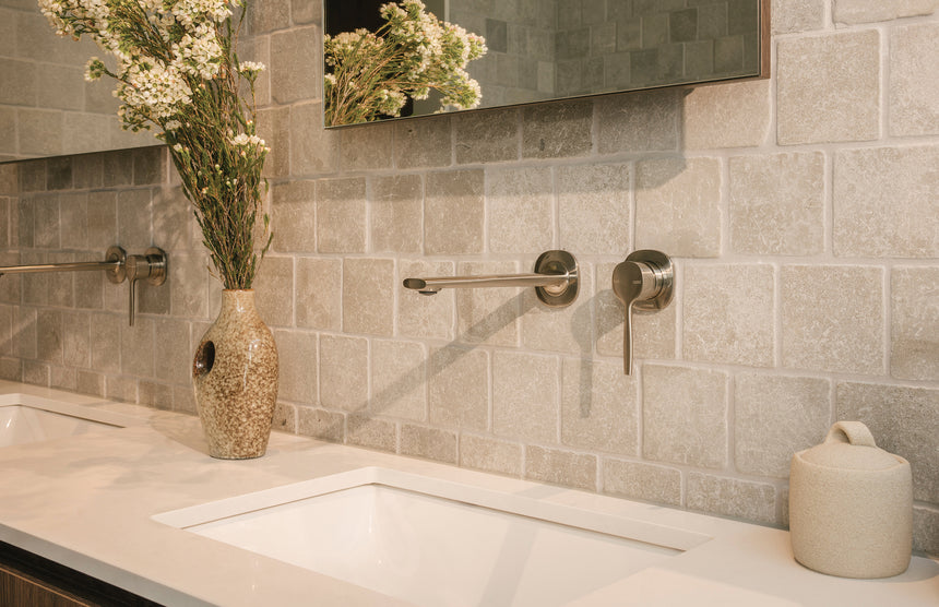 Phoenix Vask SwitchMix Wall Basin / Bath Mixer Set 200mm Brushed Nickel, shown in a finished interior