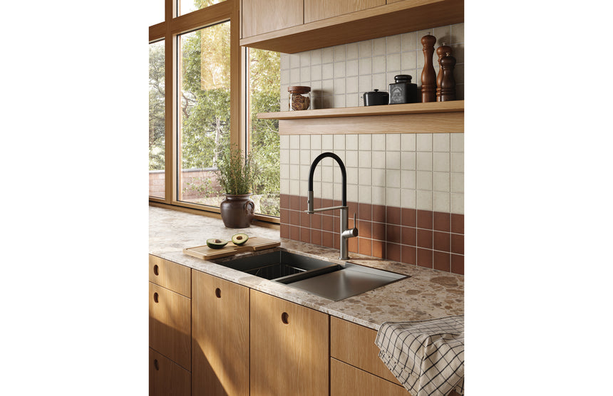 Phoenix 4000 Series Double Bowl Under / Over Sink Brushed Carbon, shown in a finished interior