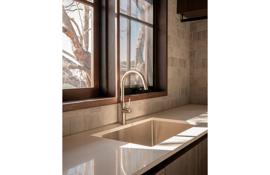Phoenix 4000 Series Extra Large Single Bowl Under / Over Sink Stainless Steel, shown in a finished interior