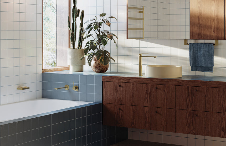 Phoenix Vask Vessel Mixer Brushed Gold, shown in a finished interior