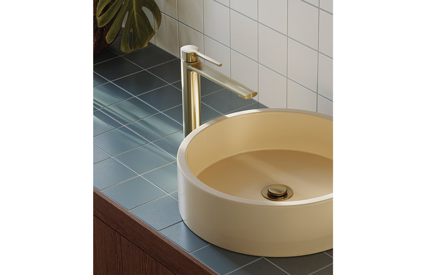 Phoenix Vask Vessel Mixer Brushed Gold, shown in a finished interior