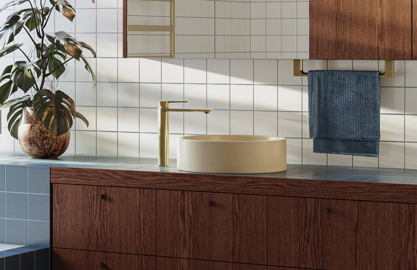 Phoenix Vask Vessel Mixer Brushed Gold, shown in a finished interior