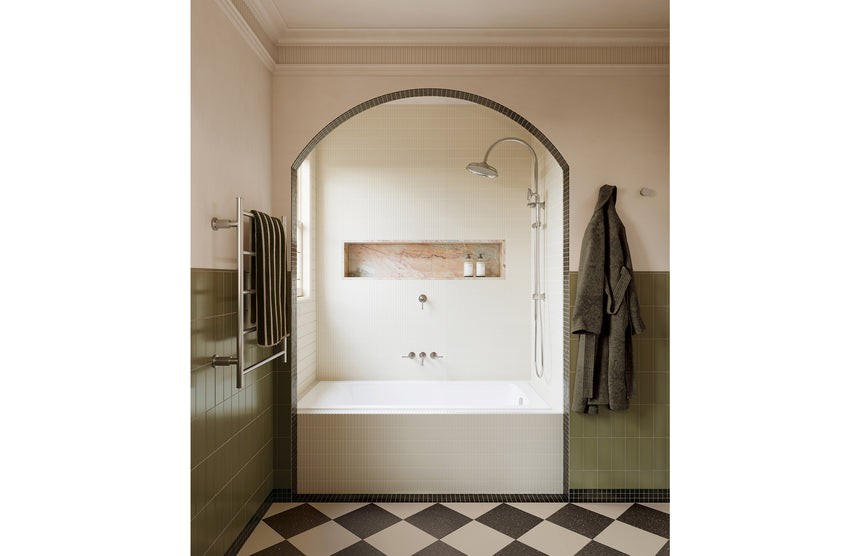 Phoenix Wiltern Wall Basin / Bath Tap Set 190mm Brushed Nickel, shown in a finished interior
