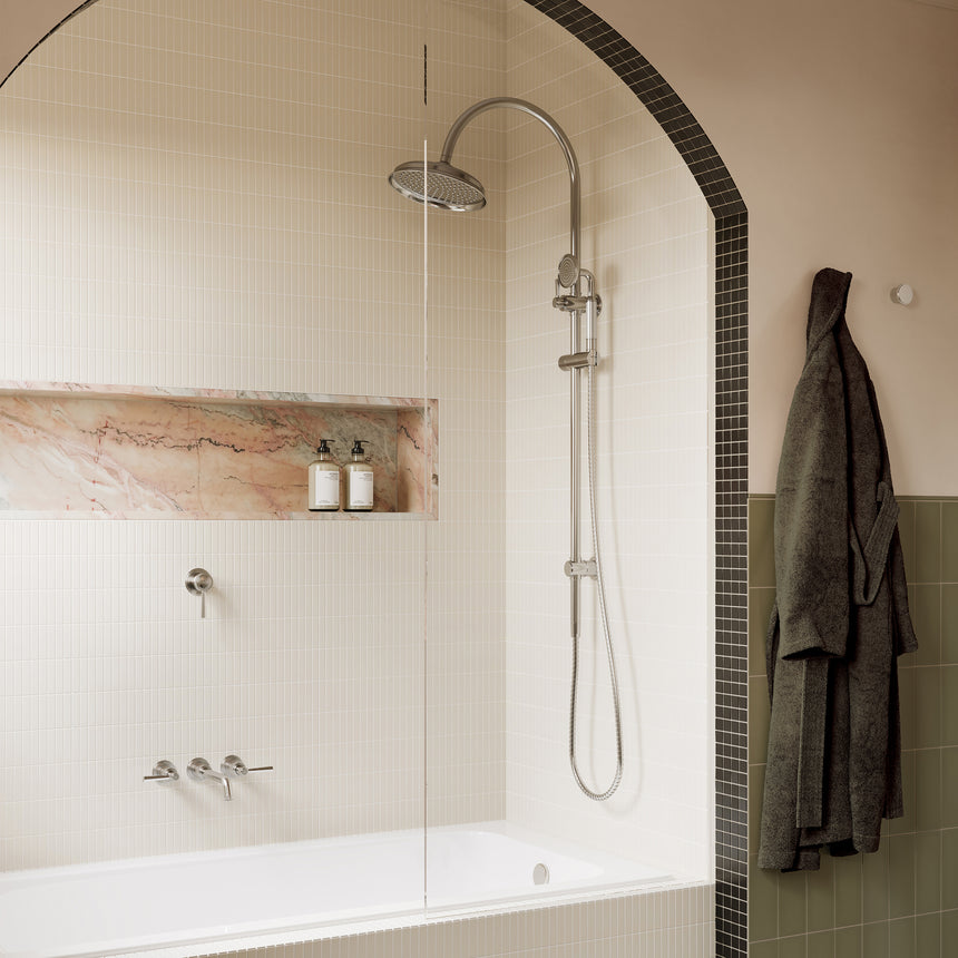 Phoenix Wiltern Twin Shower Brushed Nickel, shown in a finished interior