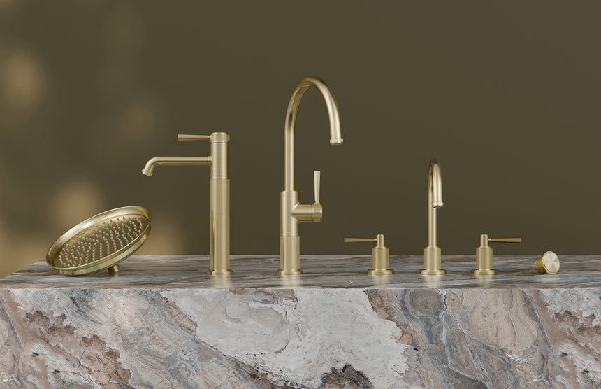 Phoenix Wiltern Basin Set Brushed Gold, shown in a finished interior