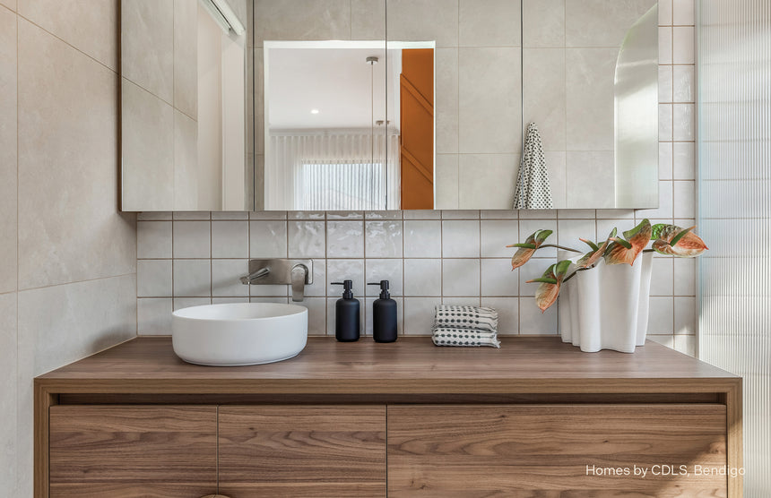 Phoenix Arlo Wall Basin / Bath Mixer Set 6 Star 200mm Trim Kit Only Brushed Nickel, shown in a finished interior
