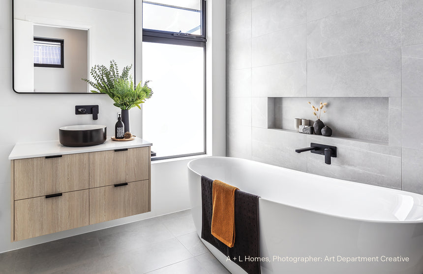 Phoenix Teva Wall Basin / Bath Mixer Set 6 Star 200mm Trim Kit Only Matte Black, shown in a finished interior
