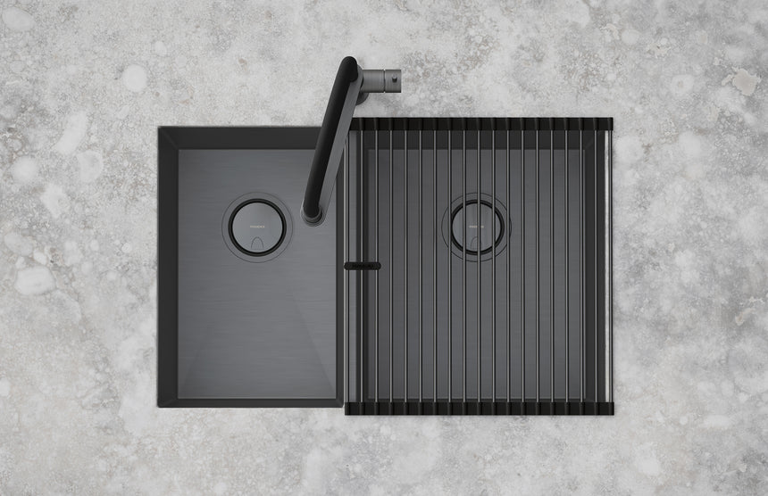 Phoenix 4000 Series 1-3/4 R/H Bowl Under / Over Sink Brushed Carbon, shown in a finished interior