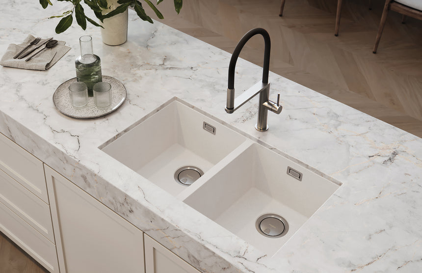 Phoenix 5000 Series Double Bowl Under / Over Sink Matte White, shown in a finished interior