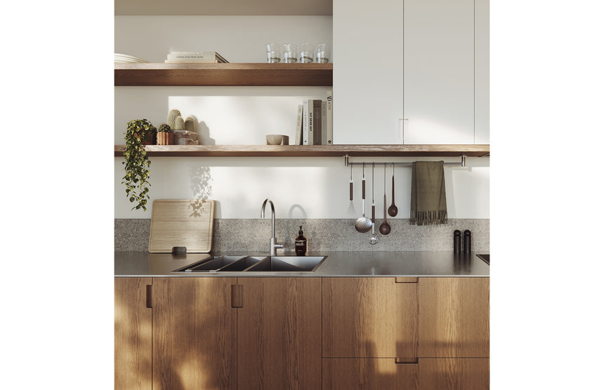 Phoenix Radii SS 316 Single Towel Rail Round Plate 800mm Stainless Steel, shown in a finished interior
