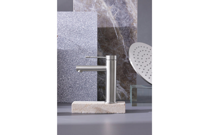 Phoenix Vivid Slimline SS 316 Basin Mixer Stainless Steel, shown in a finished interior