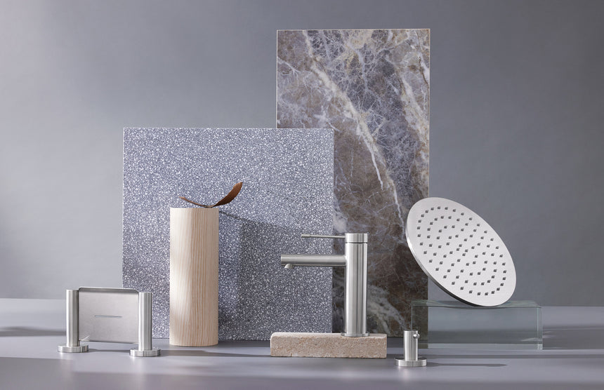 Phoenix Vivid Slimline SS 316 Basin Mixer Stainless Steel, shown in a finished interior
