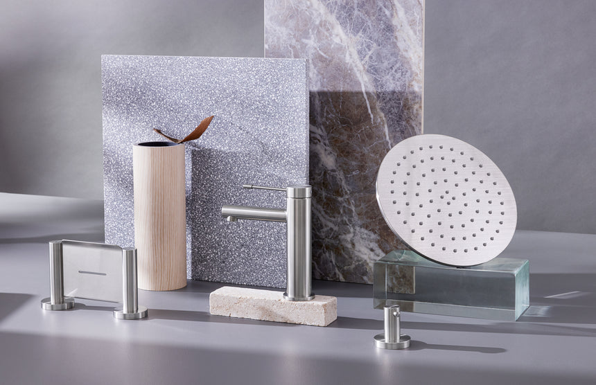 Phoenix Vivid Slimline SS 316 Basin Mixer Stainless Steel, shown in a finished interior