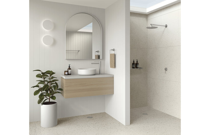 Phoenix Vivid Slimline SS 316 Shower / Wall Mixer Stainless Steel, shown in a finished interior