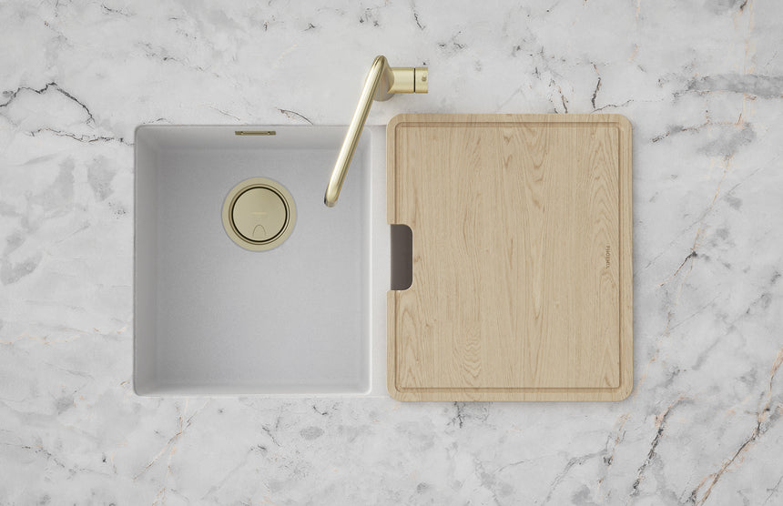 Phoenix Erlen Sink Mixer 210mm Squareline Brushed Gold, shown in a finished interior