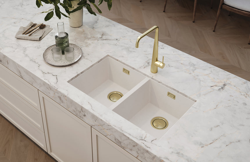Phoenix Erlen Sink Mixer 210mm Squareline Brushed Gold, shown in a finished interior