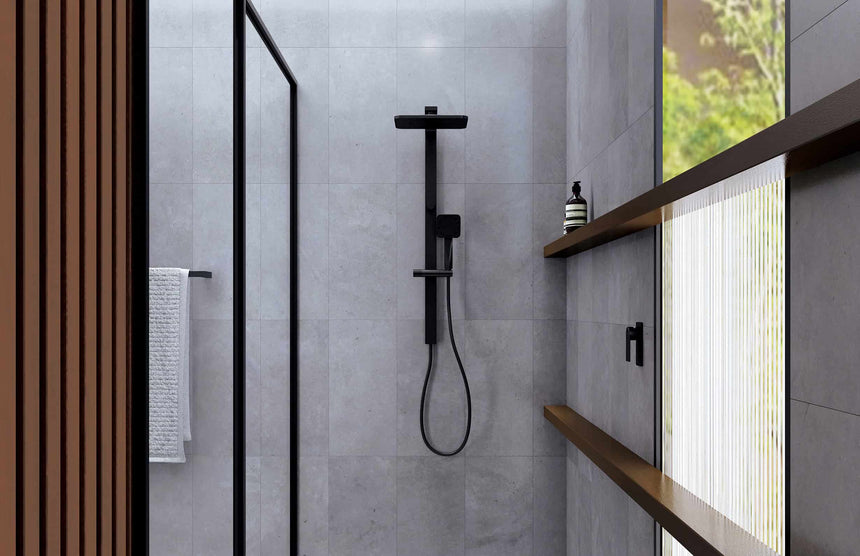 Phoenix NX Orli Twin Shower Matte Black, shown in a finished interior