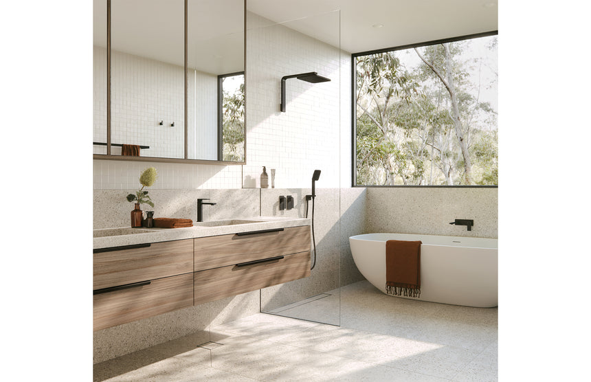 Phoenix NX Orli High-Rise Shower Arm & Rose Matte Black, shown in a finished interior