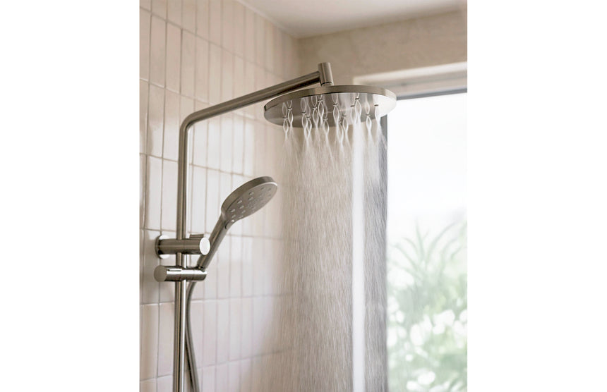 Phoenix Ormond Twin Shower Brushed Nickel, shown in a finished interior