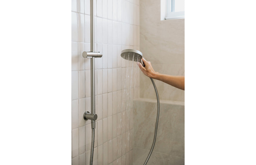 Phoenix Ormond Twin Shower Brushed Nickel, shown in a finished interior