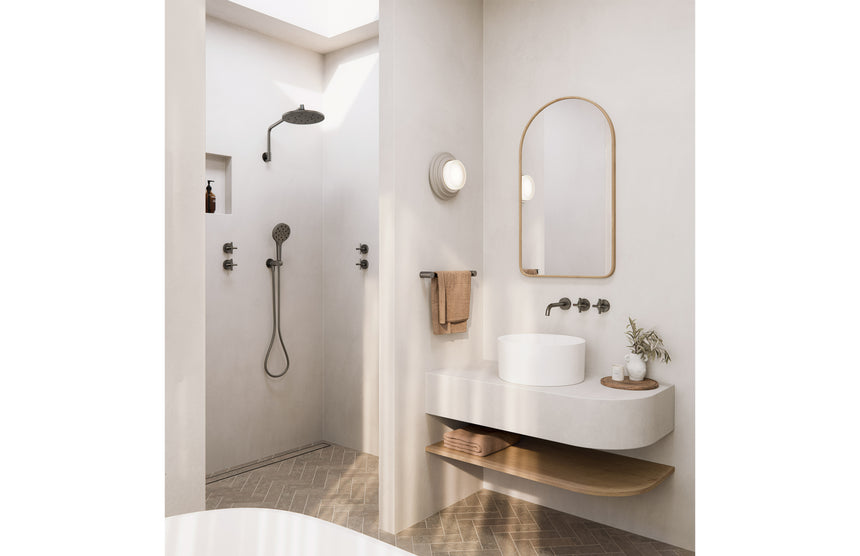 Phoenix Ormond High-Rise Shower Arm & Rose Brushed Carbon, shown in a finished interior