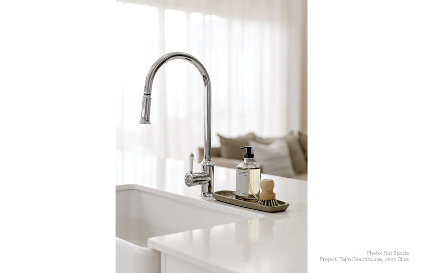 Phoenix Nostalgia Pull Out Sink Mixer 230mm Chrome/Natural White in Chrome / Natural White, shown in a finished interior