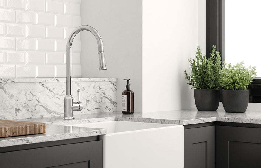 Phoenix Nostalgia Pull Out Sink Mixer 230mm Chrome/Natural White in Chrome / Natural White, shown in a finished interior