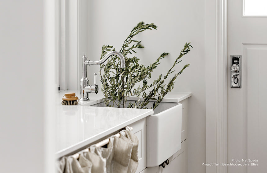Phoenix Nostalgia Sink Mixer 230mm Shepherds Crook Chrome/Natural White in Chrome / Natural White, shown in a finished interior