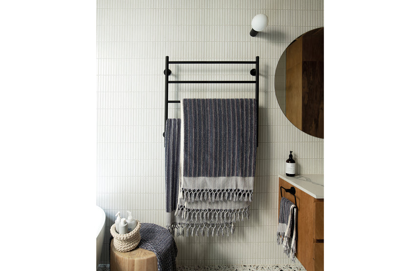 Phoenix Radii Heated Towel Ladder 750mm x 740mm Matte Black, shown in a finished interior