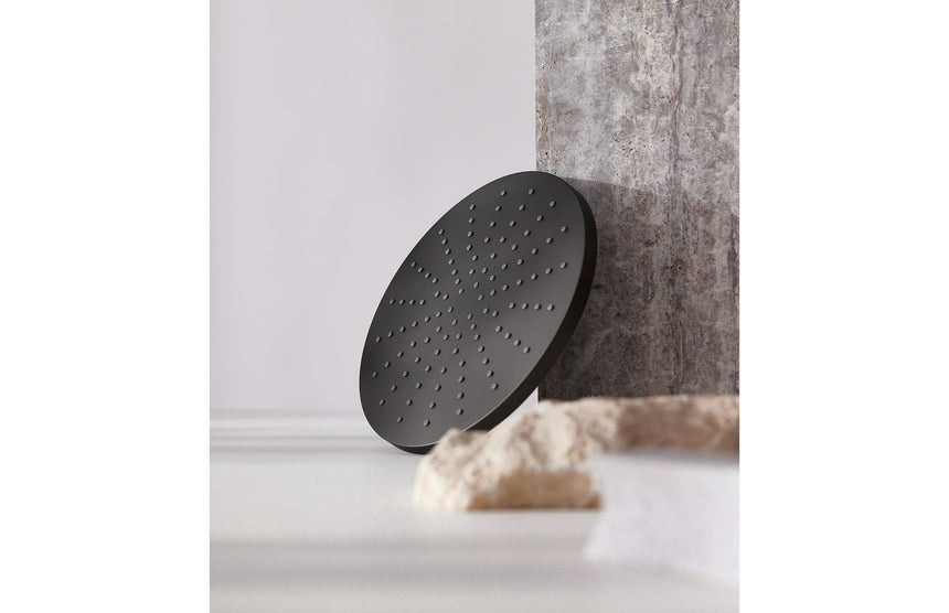 Phoenix Vivid Shower Rose 230mm Round Matte Black, shown in a finished interior