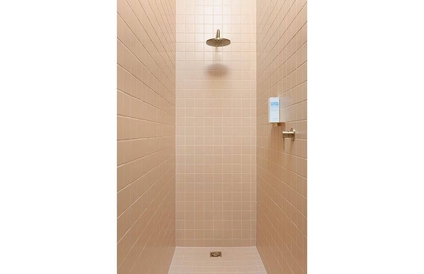 Phoenix Vivid Shower Rose 230mm Round Brushed Gold, shown in a finished interior